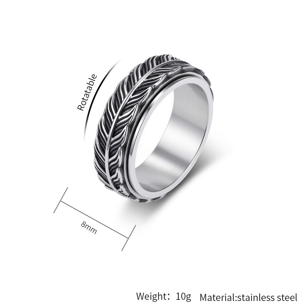 Kemston Feather Spinner Ring for Men Stainless Steel Rotating Vintage Band K-R1196