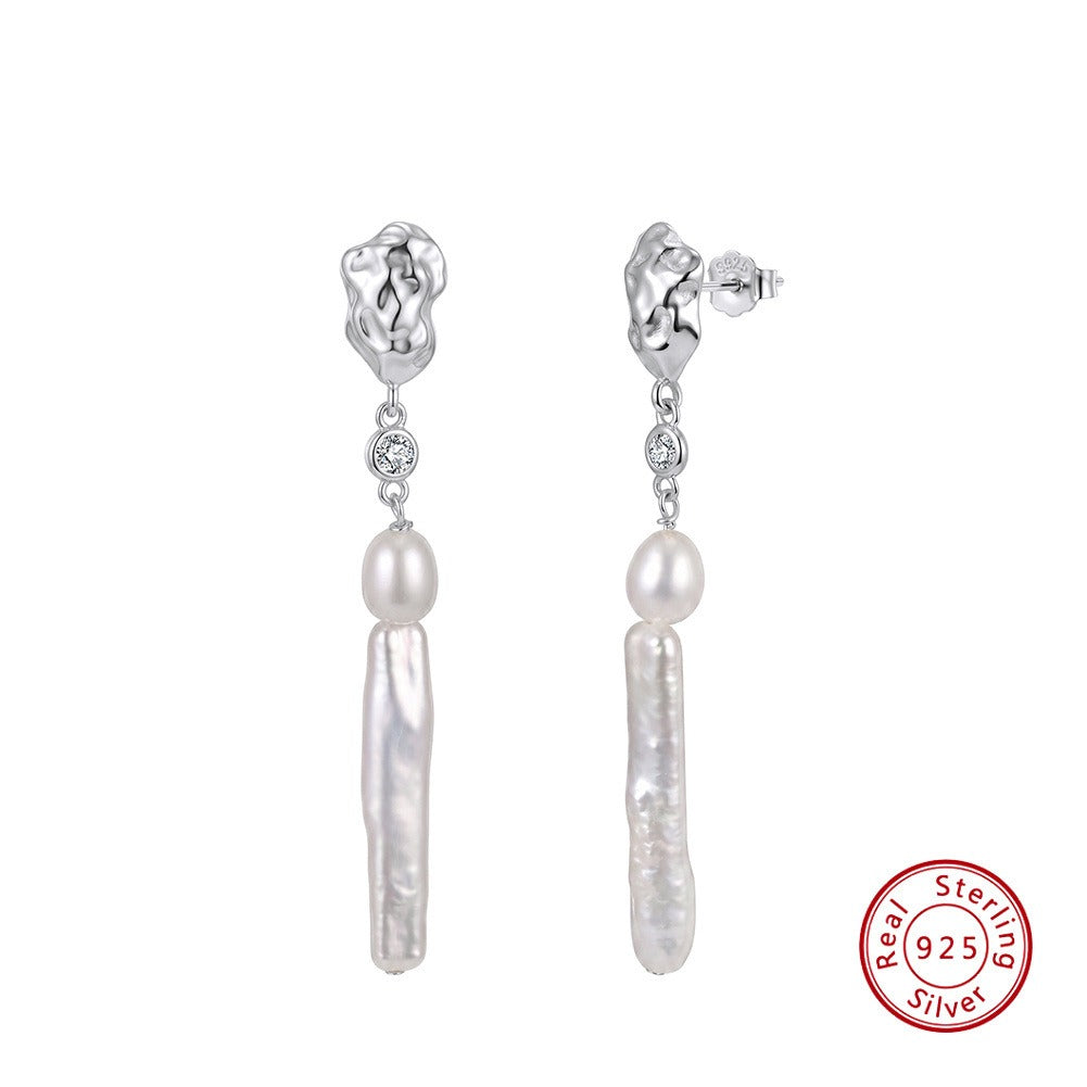 Kemstone Long Freshwater Pearl Drop Earrings for Women 925 Sterling Silver Textured Stud GPE153