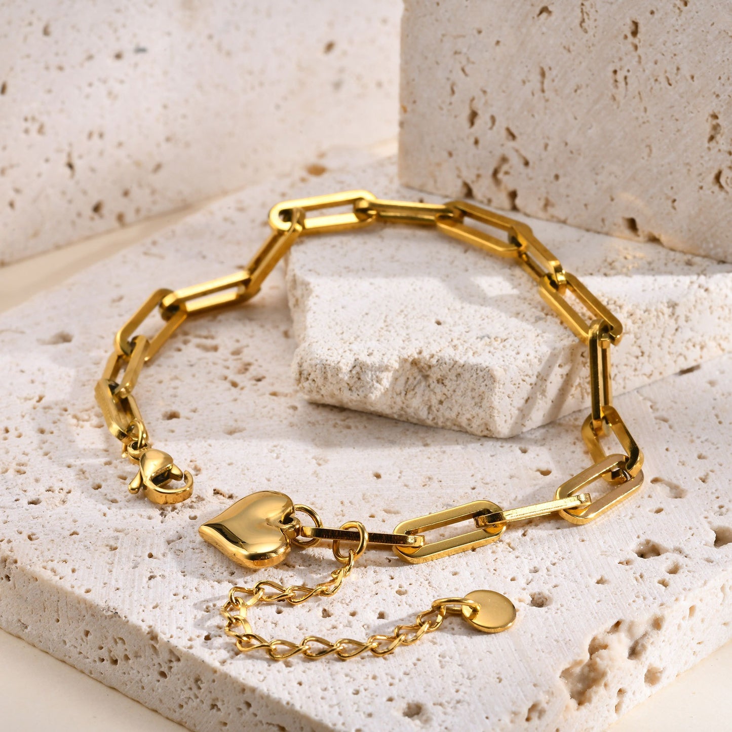 Pulsera de cadena cuadrada de acero inoxidable con colgante de corazón: joyería minimalista en tono dorado para mujer, un regalo elegante para tus seres queridos BR-1988
