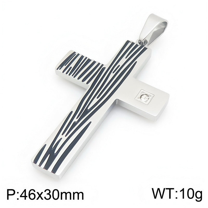 Kemstone Wood Grain Cross Pendant Necklace for Men Stainless Steel Cubic Zirconia Accent KP119491-HR