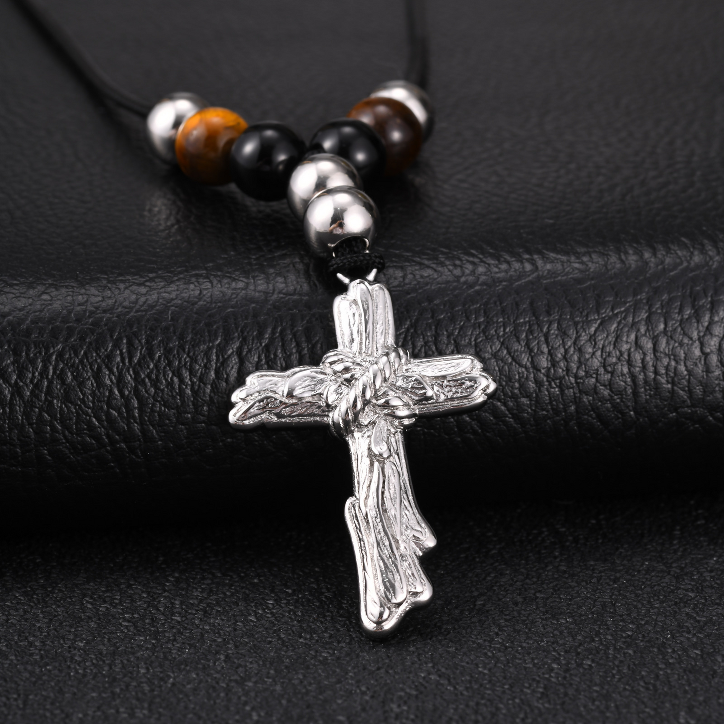 Kemston Beaded Cross Necklace for Men Black Onyx Tiger Eye Stainless Steel Adjustable Rope Pendant NC-2783