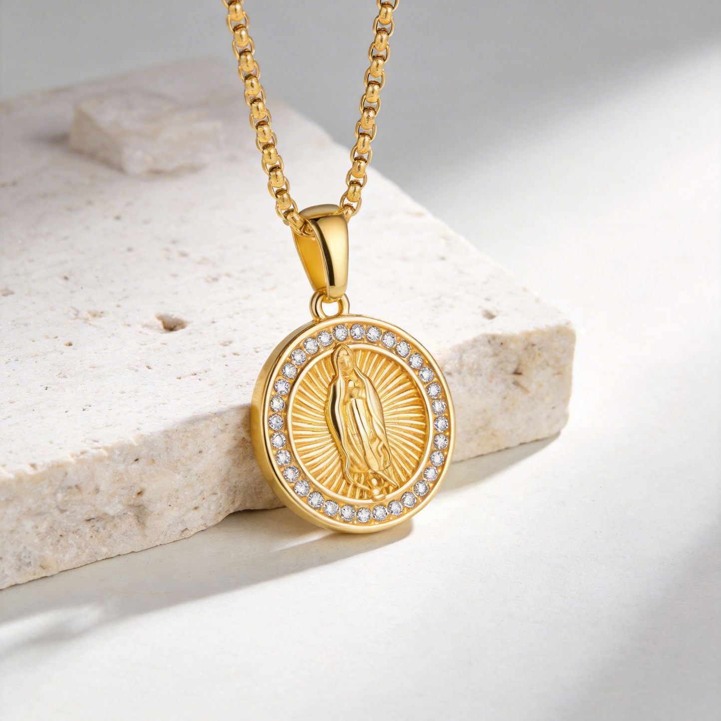 Kemstone Round Coin Pendant Necklace Gold Plated Stainless Steel Cubic Zirconia Medallion for Men Women PN-2339