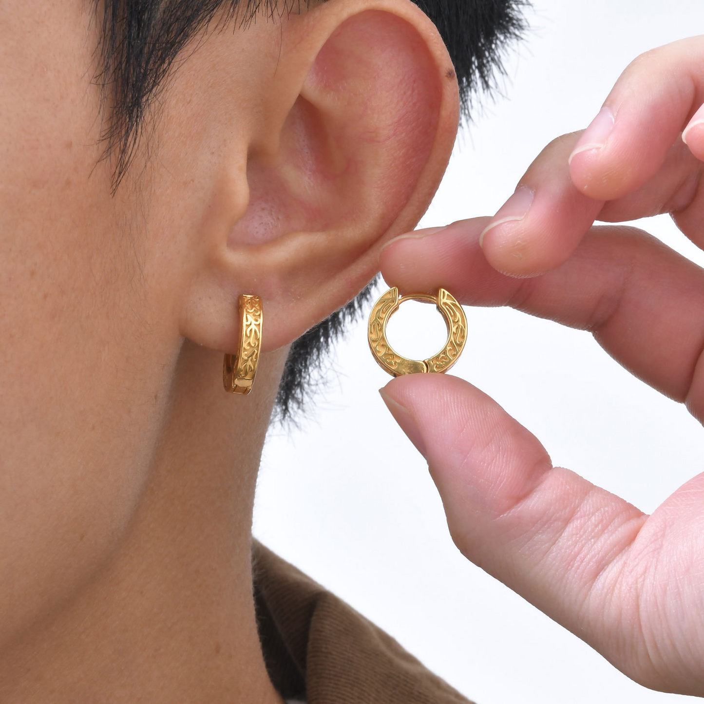 Kemstone Stainless Steel Engraved Hoop Earrings – Vintage Huggie Jewelry for Men, Gold/Silver/Black EH-699