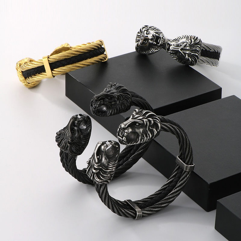 Kemstone Titanium Steel Lion Head Open Cuff Bracelet for Men – Steel Cable KB167192-KFC