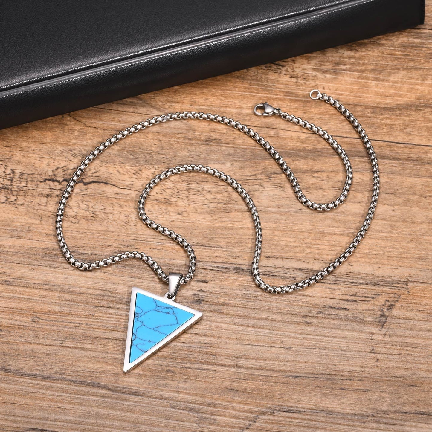 Kemstone Stainless Steel Turquoise Triangle Pendant Necklace – Geometric Stone Charm for Men PN-2023