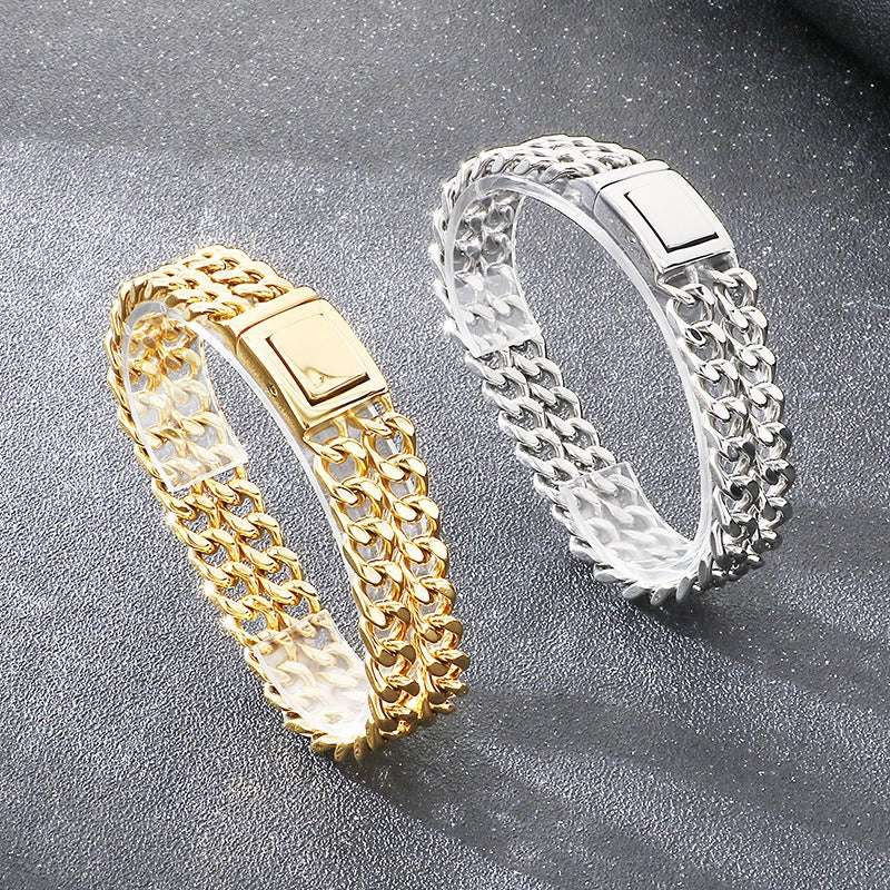 Kemstone Double Layer Cuban Chain Bracelet Titanium Steel Thick Link for Men Gold Silver KB184825-KJX