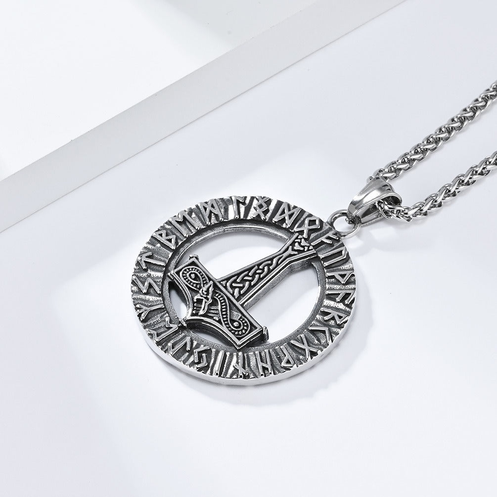 Kemstone Nordic Rune Hammer Pendant Necklace for Men Stainless Steel Engraved Vintage K-PT553