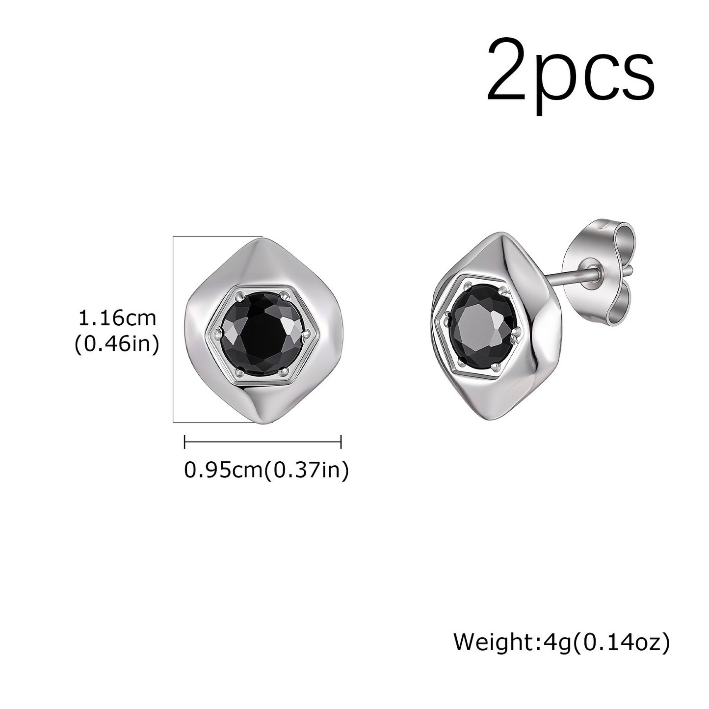Kemston Black Cubic Zirconia Hexagon Stud Earrings for Men Stainless Steel Minimal Geometric ES-796