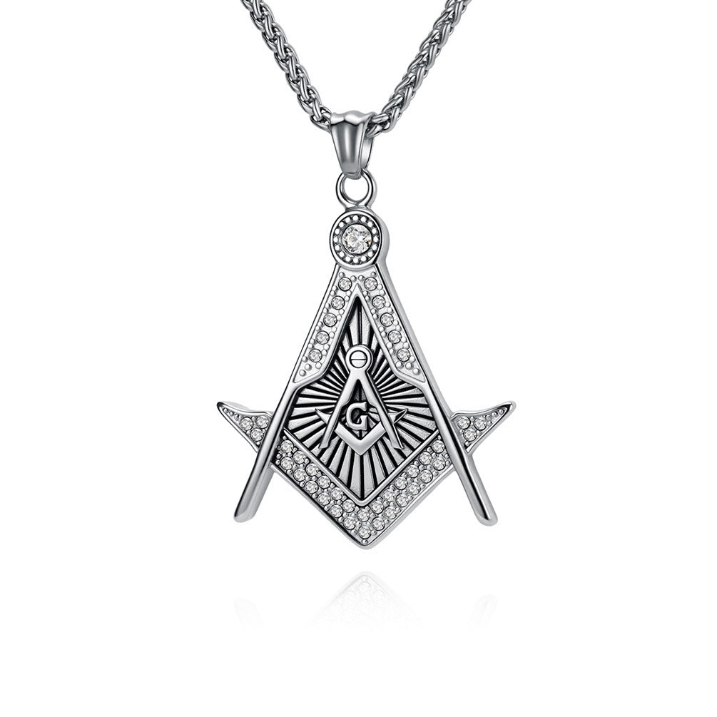 Kemstone Geometric Compass Pendant Necklace for Men Stainless Steel Stone Detail K-PT717