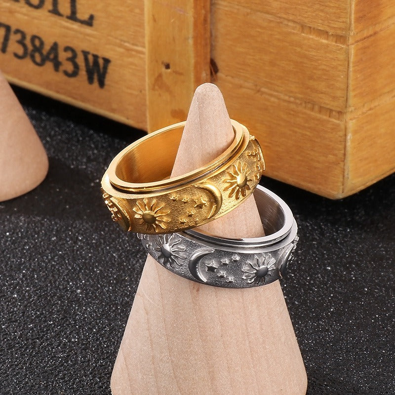 Kemstone Celestial Spinner Ring – Titanium Steel Sun Moon Star Fidget Band for Men, Gothic Streetwear Style KR105136