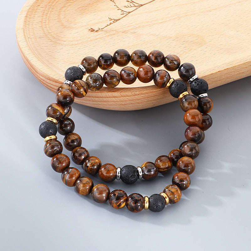 Kemstone Lava Stone Tiger Eye Bead Bracelet Elastic Natural Stone for Men Women KB210123-Z