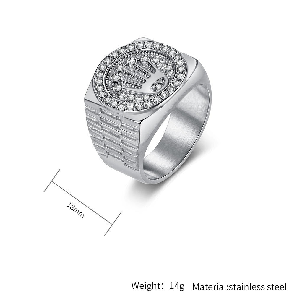Kemston Crown Signet Ring for Men Stainless Steel Hip Hop Iced Out Band K-R1080