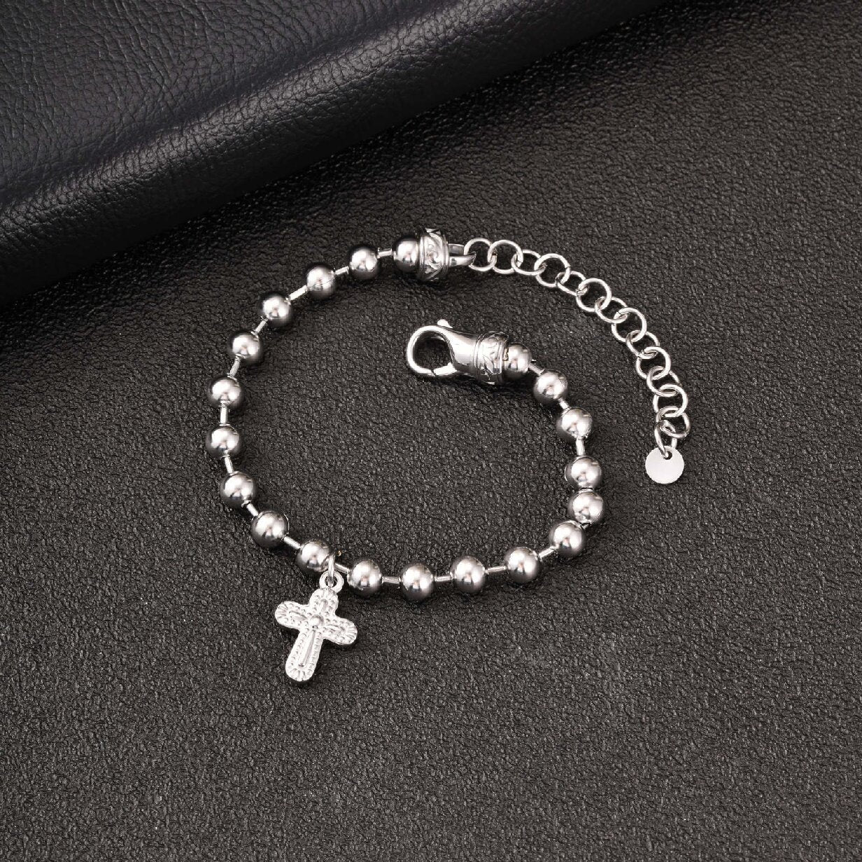 Kemstone Stainless Steel Cross Beaded Bracelet for Men Women Silver BR-2943