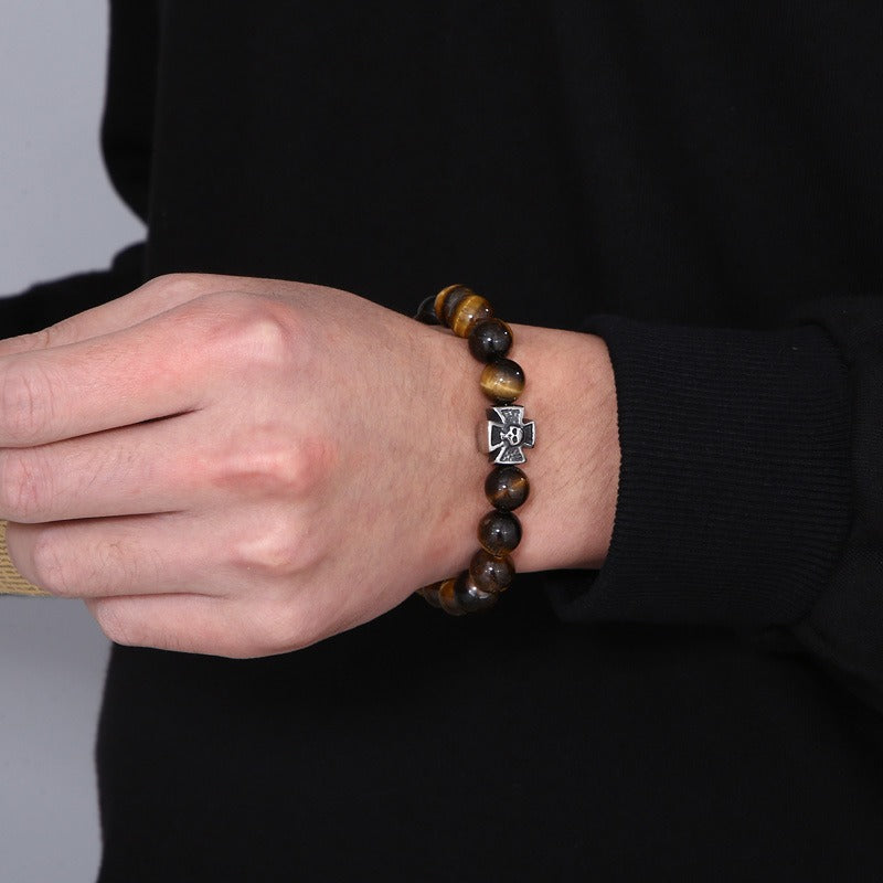 Kemstone Black Onyx Skull Bracelet – Gothic Cross, Howlite & Tiger Eye Beads with Adjustable Titanium Steel Chain for Men KB70686-BD