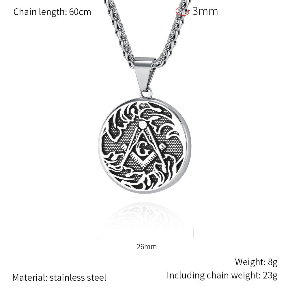 Kemstone Men’s Stainless Steel Necklace – Vintage Masonic-Style Round Pendant K-PT564