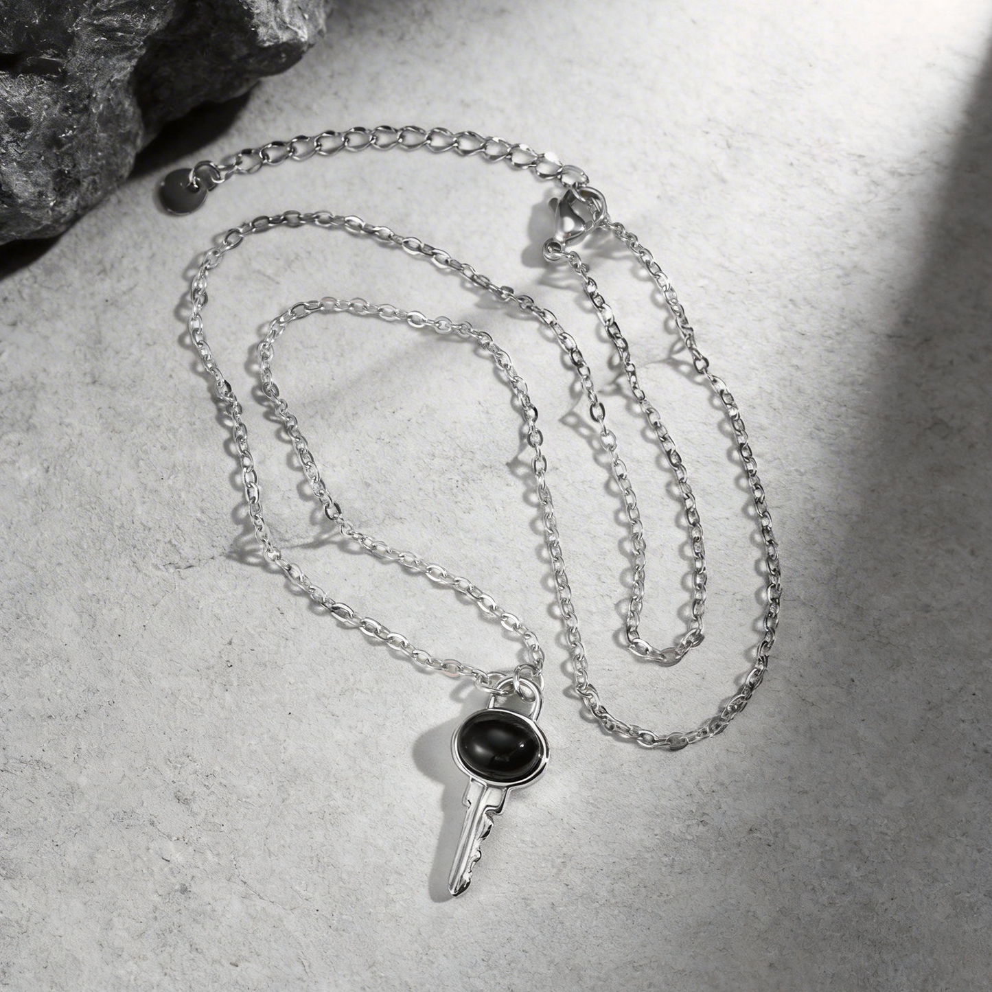 Kemstone Stainless Steel Key Pendant Necklace Black Onyx Minimalist Chain for Men & Women NC-2705