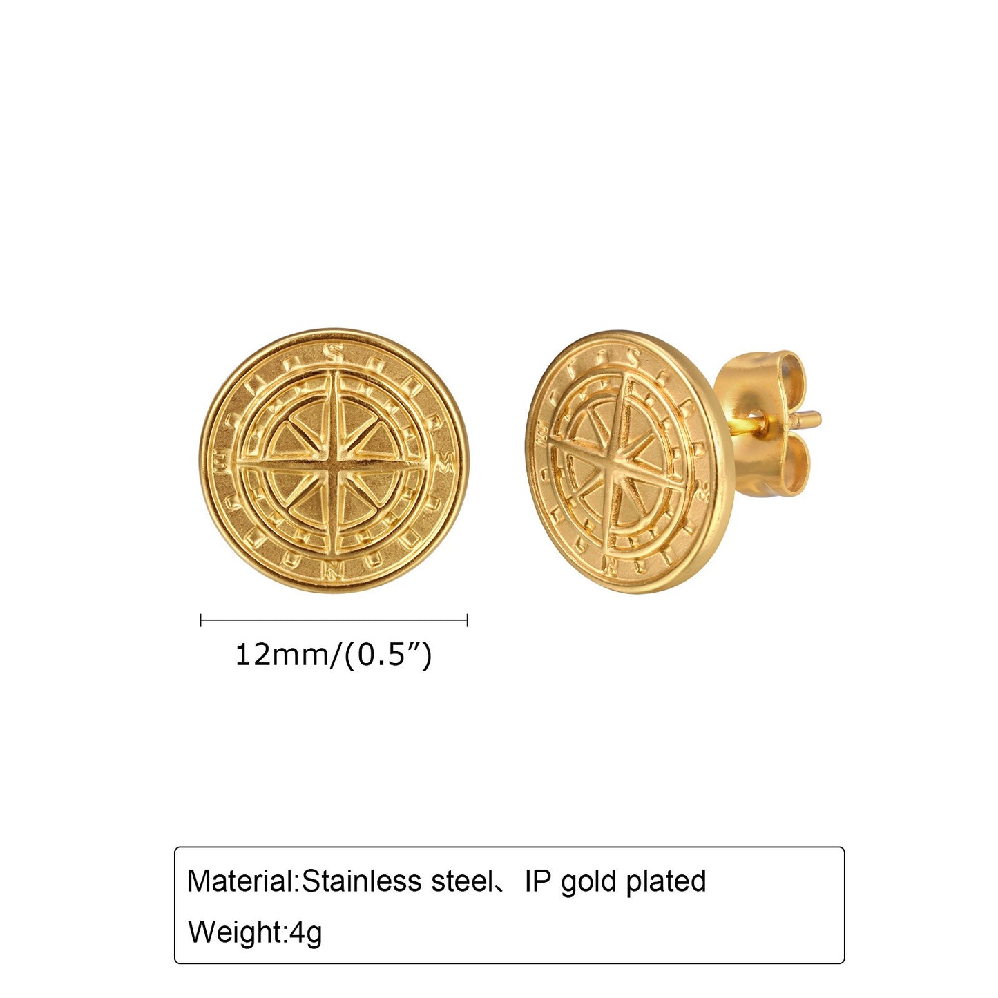 Kemstone Men’s Stainless Steel Compass Stud Earrings – Vintage Hip Hop Gold Silver Black ES-505