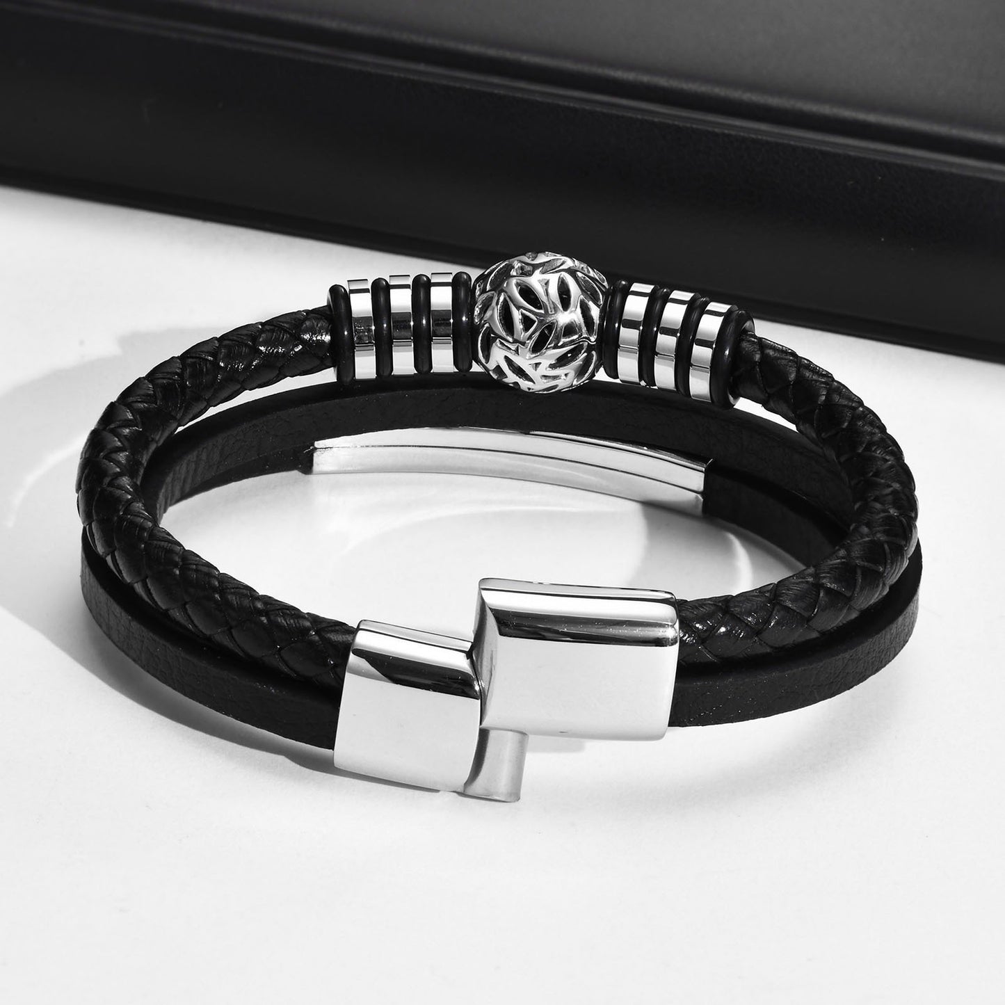 Kemstone Men’s Layered Microfiber Leather Bracelet – Stainless Steel Tree of Life Plate BL-650