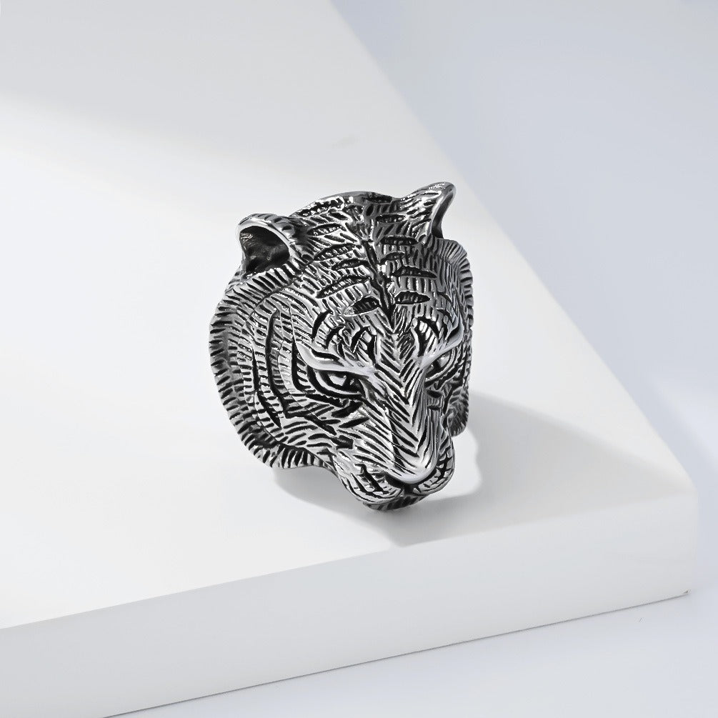 Kemstone Stainless Steel Tiger Head Ring – Vintage Chunky Style for Men K-R1149