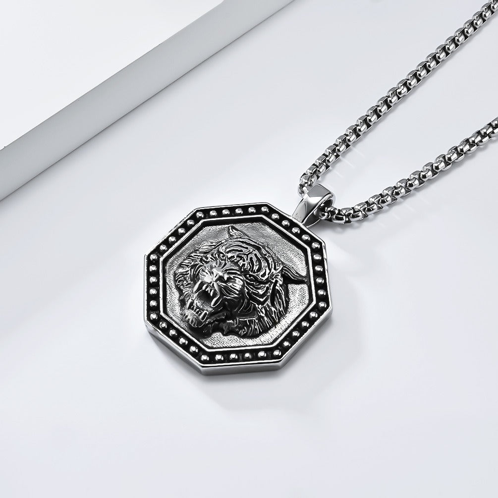 Kemstone Stainless Steel Tiger Head Pendant Necklace for Men – Octagonal Vintage Design K-PT572