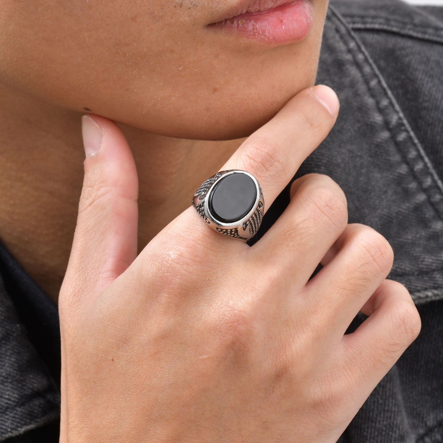 Kemstone Double Sword Black Stone Signet Ring for Men – Stainless Steel Vintage Relief RC-1028