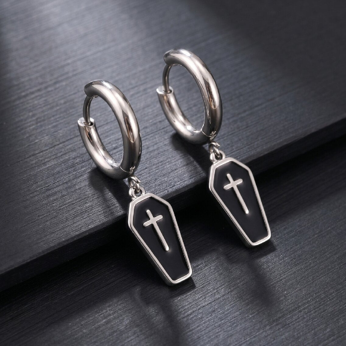 Kemstone Stainless Steel Cross Hoop Earring for Men Dark Drop ED-1090