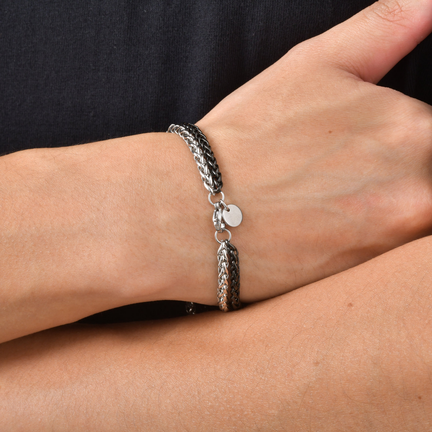 Kemstone Braided Chain Bracelet Double Layer Stainless Steel Two Tone for Men BR-2853