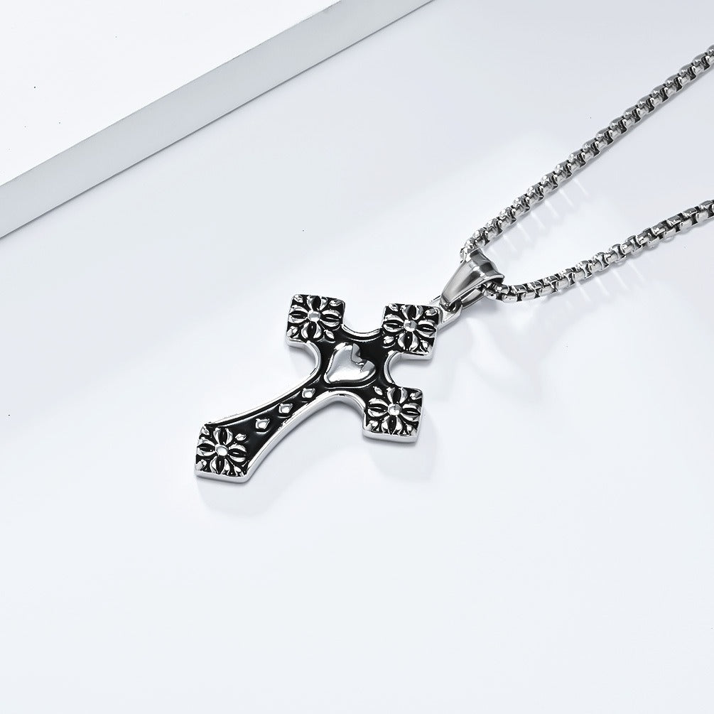 Kemstone Stainless Steel Heart Cross Pendant Necklace for Men Vintage Black Silver K-PT568