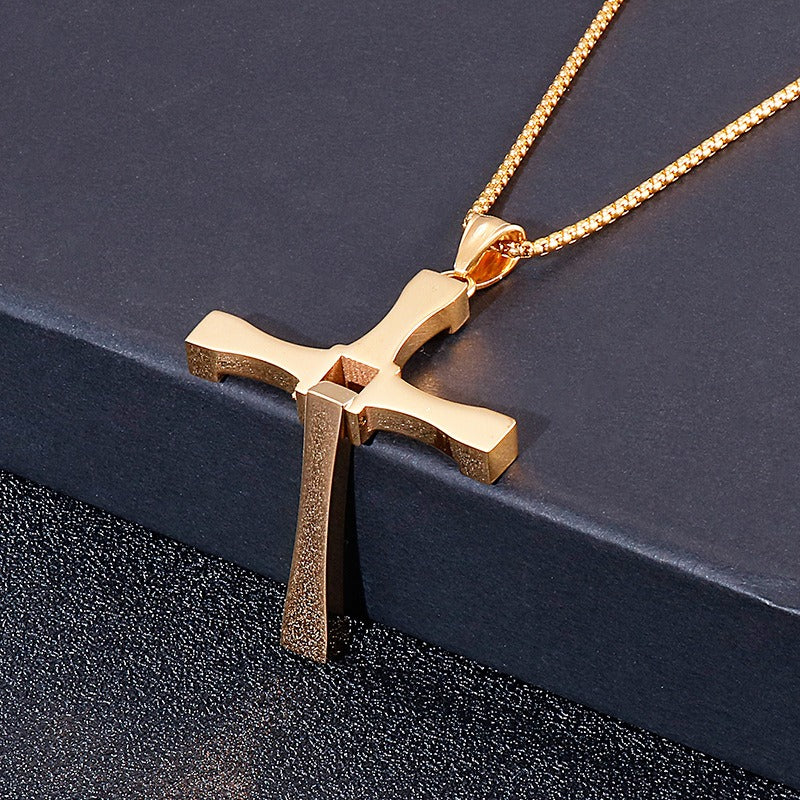 Kemstone Stainless Steel Hollow Moving Cross Pendant Necklace for Men Cubic Zirconia Inlay KP40312-K