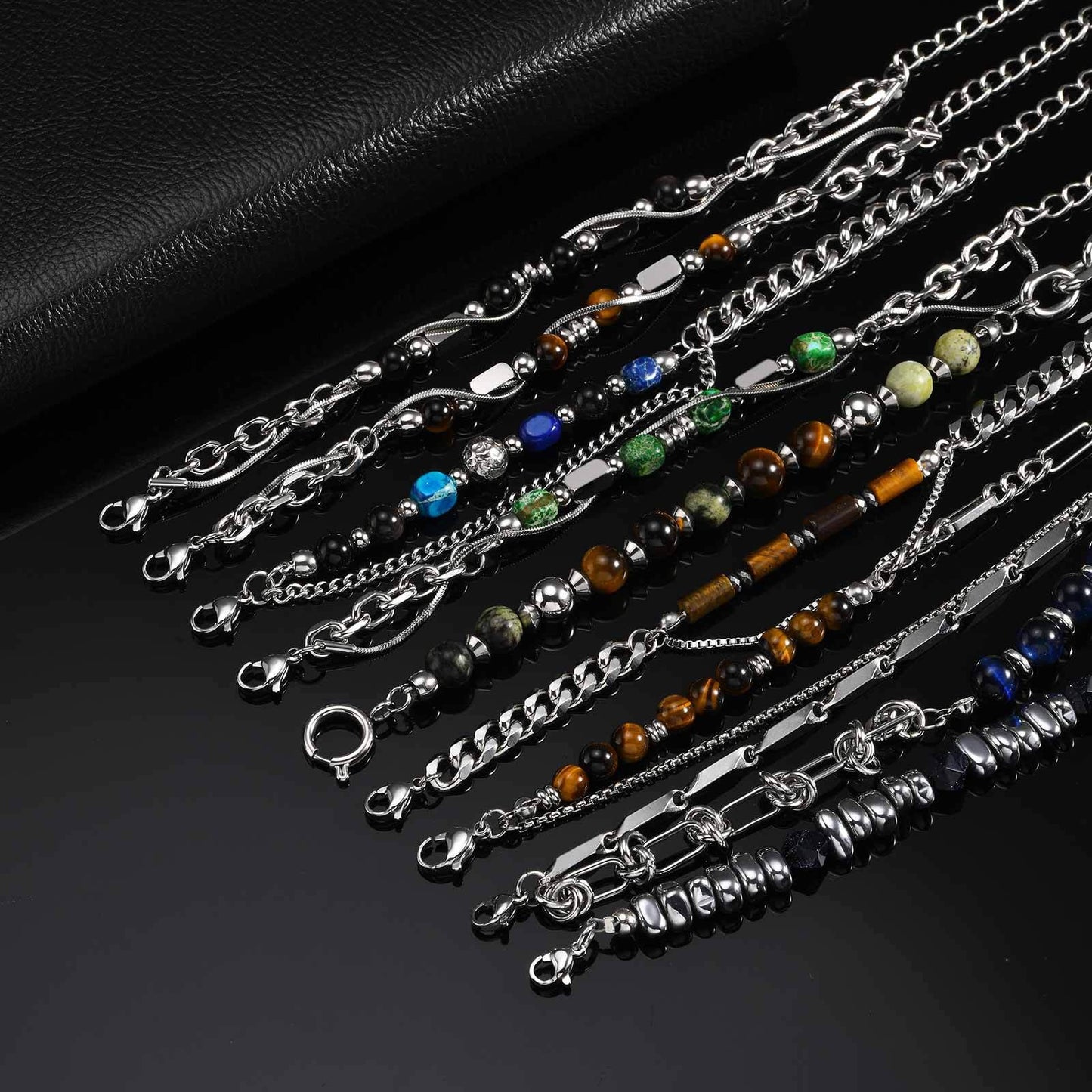 Kemston Stone Bead Bracelet for Men Stainless Steel Layered Design BR-2935