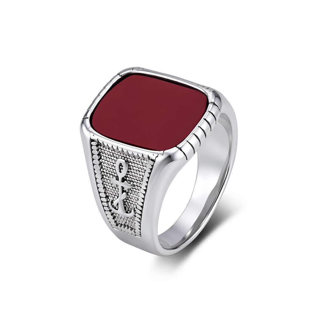 Kemstone Anchor Square Signet Ring for Men Stainless Steel Vintage Stone Detail K-R1212