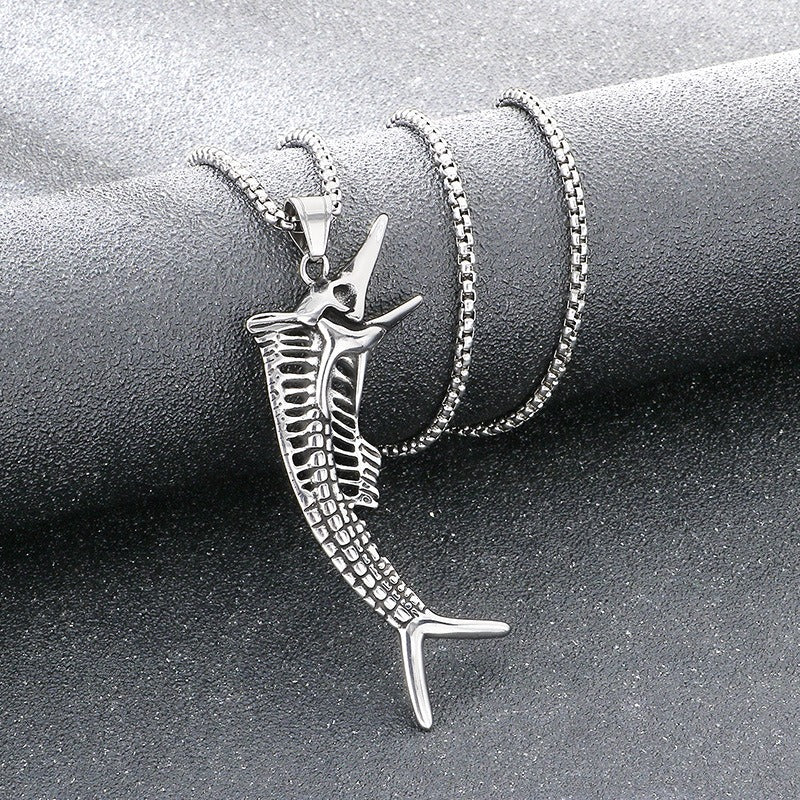Kemstone Titanium Steel Octopus Fish Bone Pendant Necklace for Men Punk Ocean Animal Vintage Oxidized Silver KP117754-LU