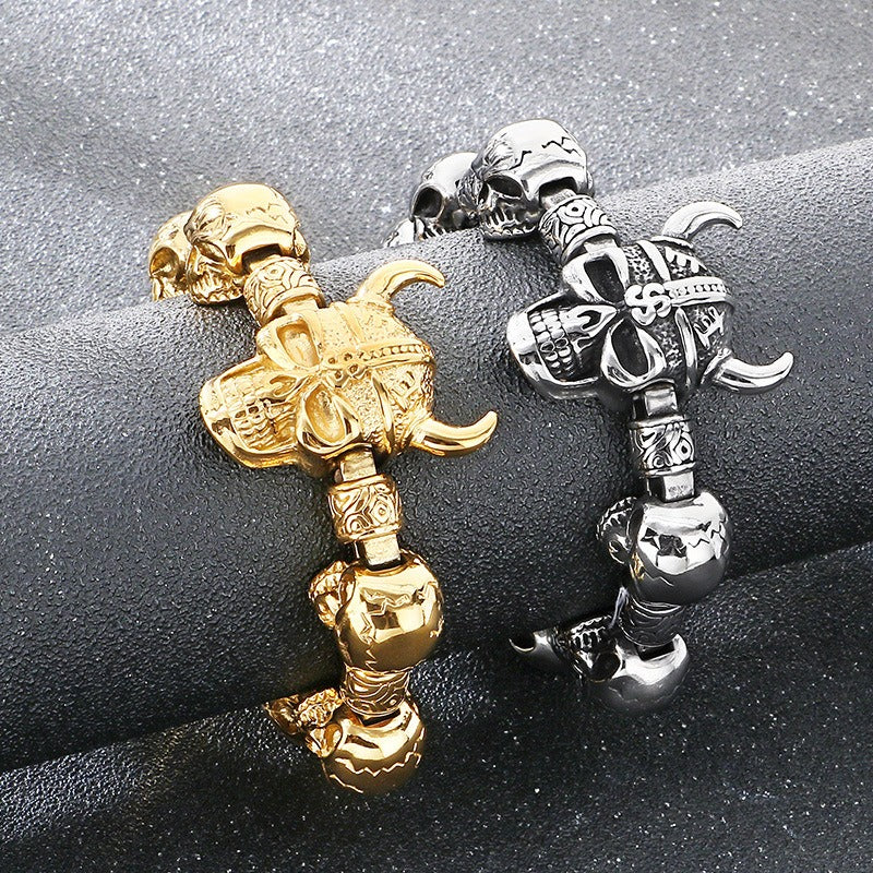 Kemstone Skull Bracelet for Men Titanium Steel Chunky Chain Heavy Punk Style Silver Gold KB209644-KJX