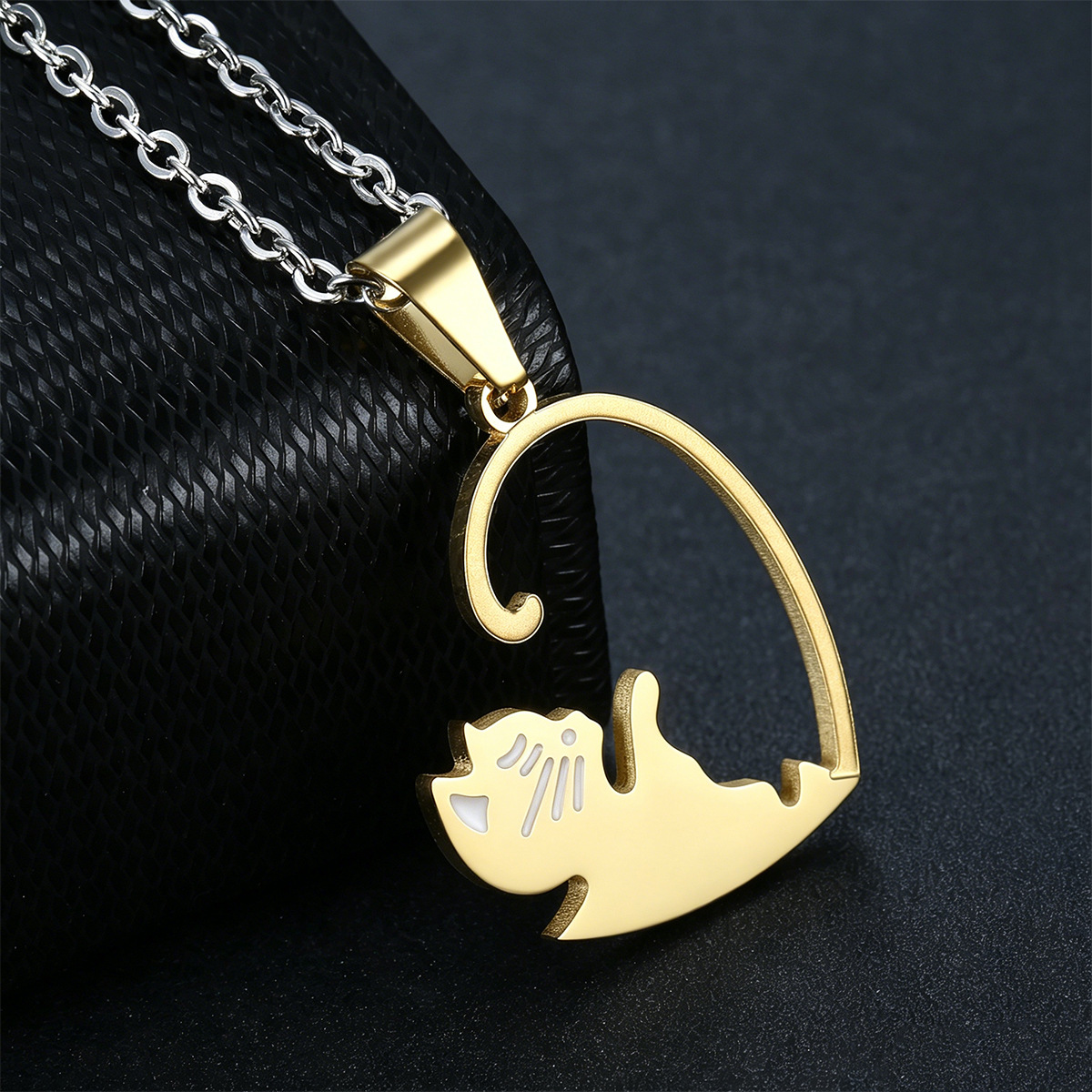 Kemston Titanium Steel Cat Couple Necklace Black White Heart 55cm TN0197