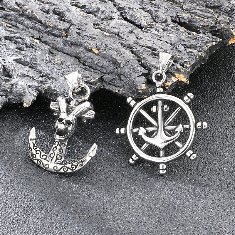 Kemstone Anchor Pendant Necklace Titanium Steel Nautical Wheel Skull Cross Design for Men Silver KP117037-LU