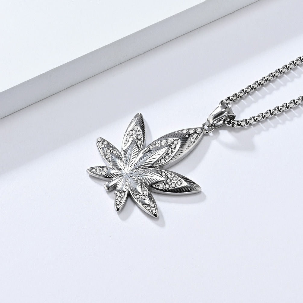 Kemstone Leaf Pendant Necklace Stainless Steel Cubic Zirconia for Men K-PT603