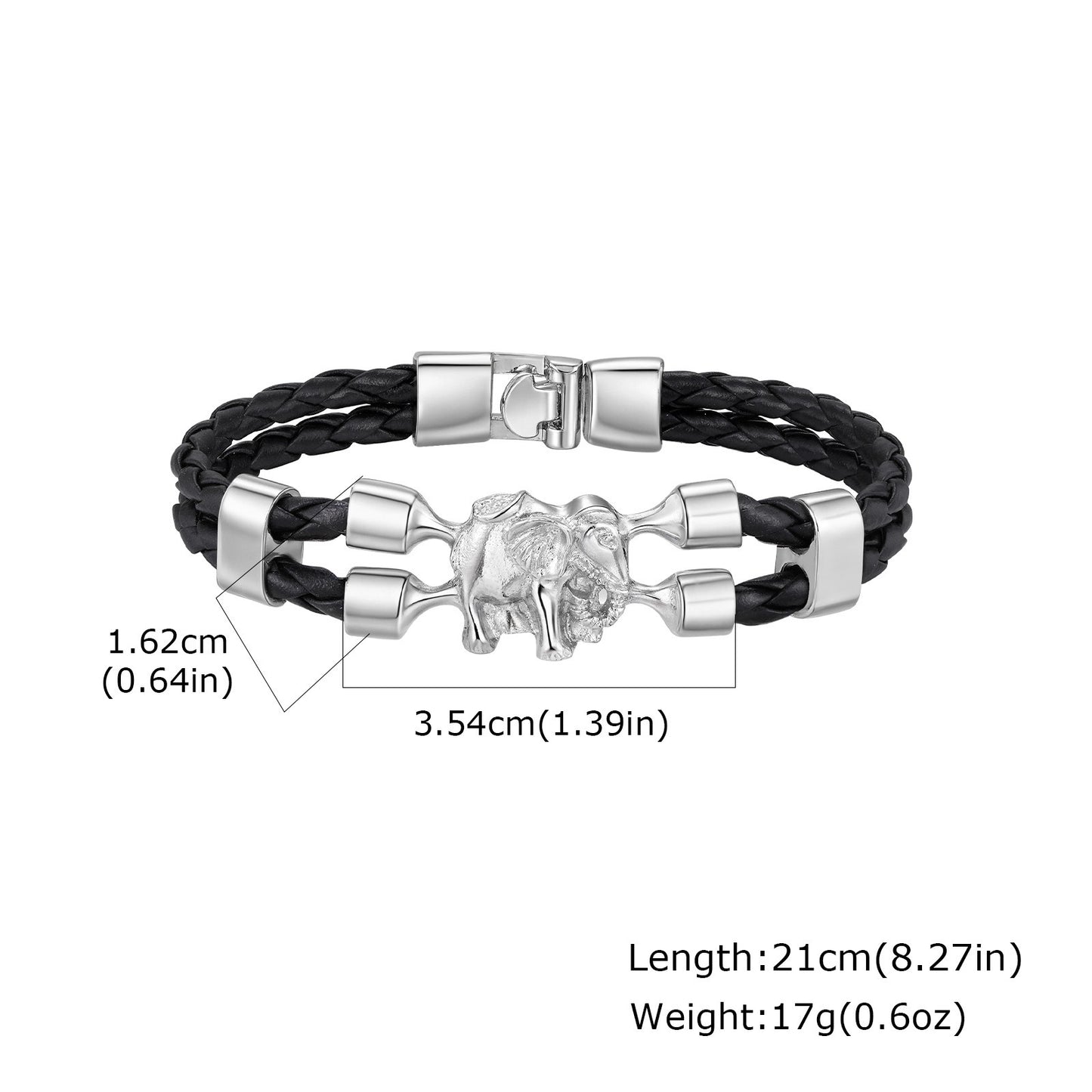 Kemstone Elephant Leather Bracelet Double Braided Black PU Cord with Alloy Clasp for Men BL-825