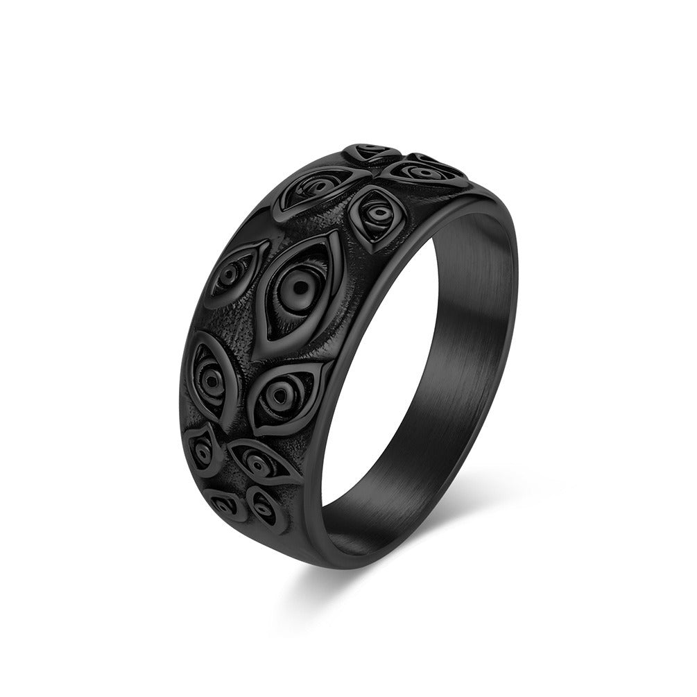 Kemstone Titanium Steel Evil Eye Ring for Men – 10mm Gothic Demon Band Jewelry, Silver/Gold/Black K-R1082