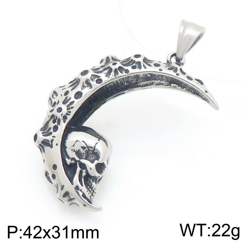 Kemstone Crescent Moon Pendant Necklace Titanium Steel Carved Floral Gothic Style for Men KP117749-LU