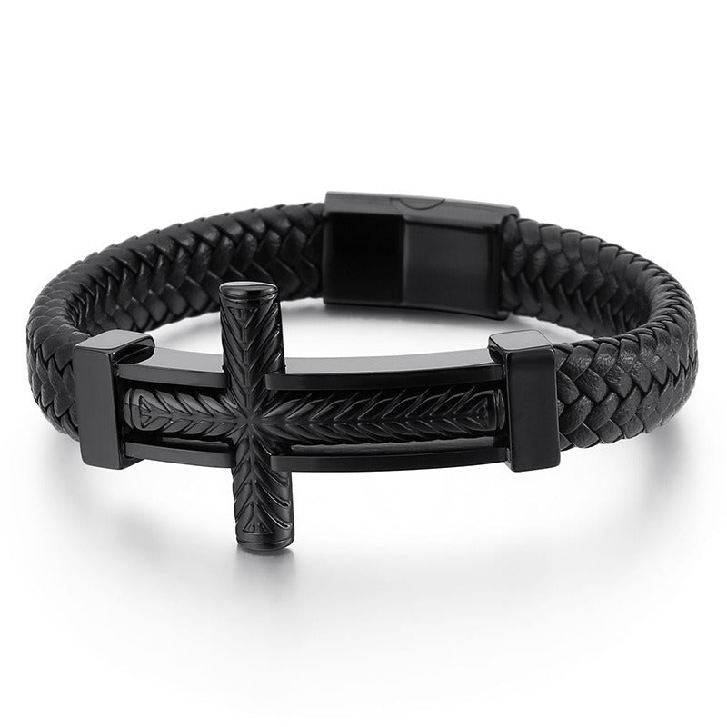 Kemstone Cross Leather Bracelet for Men Titanium Steel Braided Black Cord Design KB130233-KFC