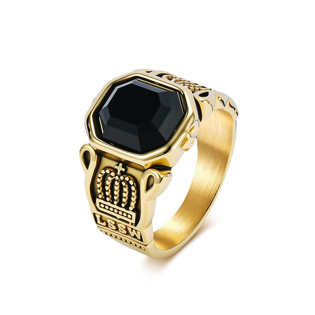 Kemstone Black Stone Signet Ring for Men Stainless Steel Crown Detail Vintage Silver Gold K-R1144