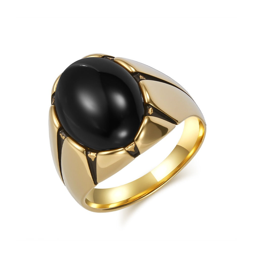 Kemstone Men’s Stainless Steel Oval Stone Ring – Black Stone & Tiger Eye K-R999