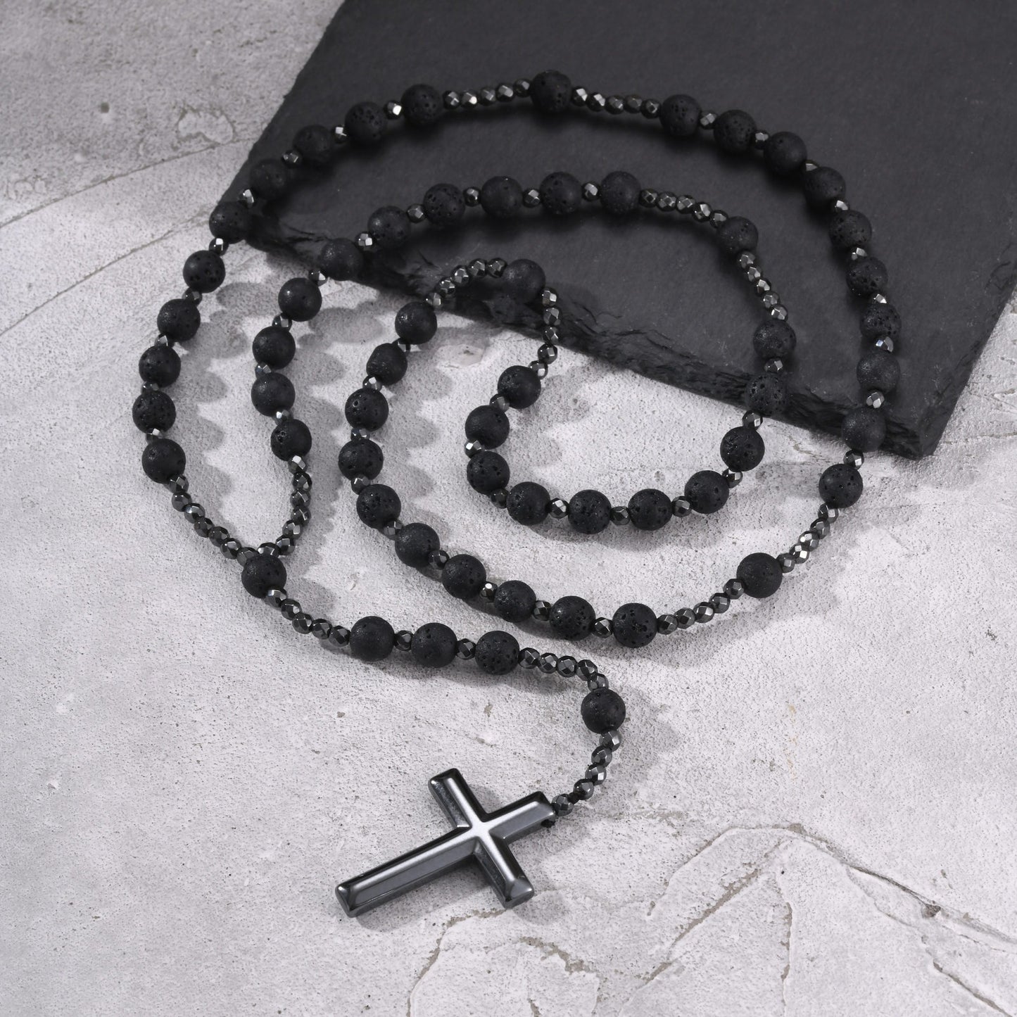 Kemstone Tiger Eye Beaded Cross Necklace for Men Lava Stone Stainless Steel Pendant NC-3017
