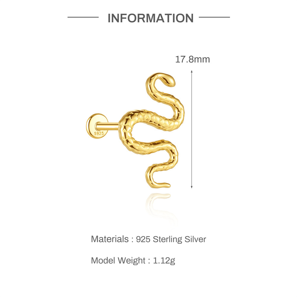 Kemstone 925 Sterling Silver Snake Cartilage Stud for Women Flat Back Piercing Earring Gold 60267192110C