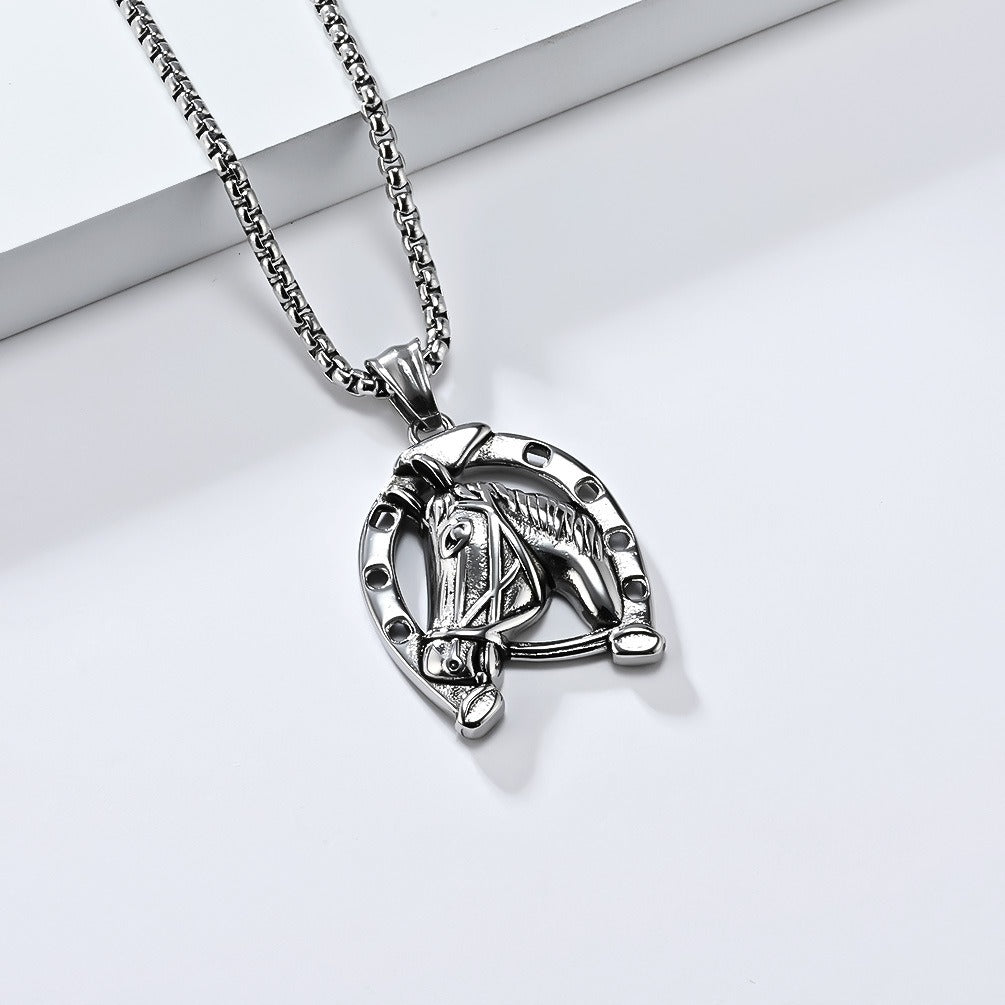Kemstone Men’s Stainless Steel Horse Head Horseshoe Necklace – Gold/Silver K-PT606