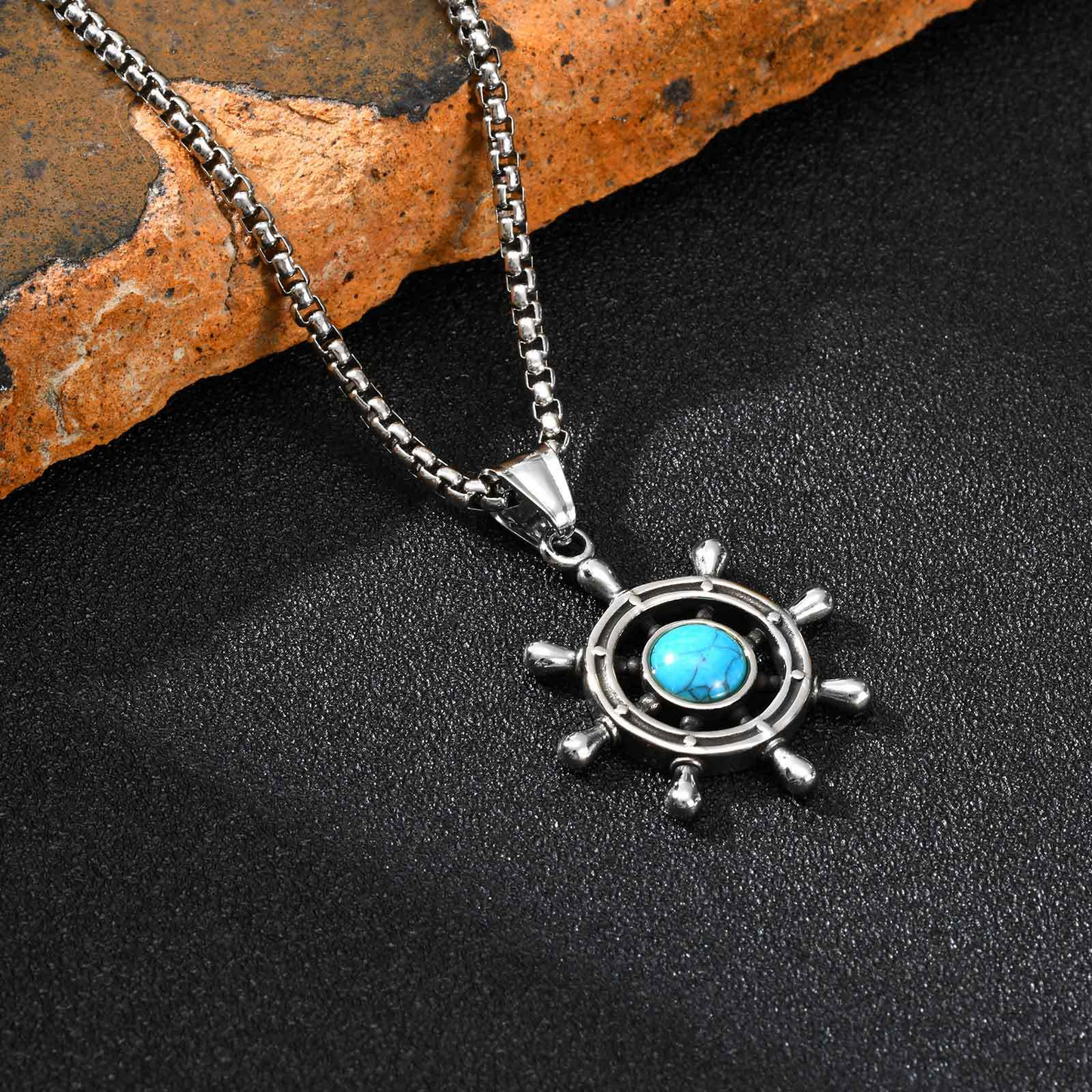Kemstone Men’s Turquoise Pendant Necklace – Stainless Steel Ship Wheel Pendant PN-2234