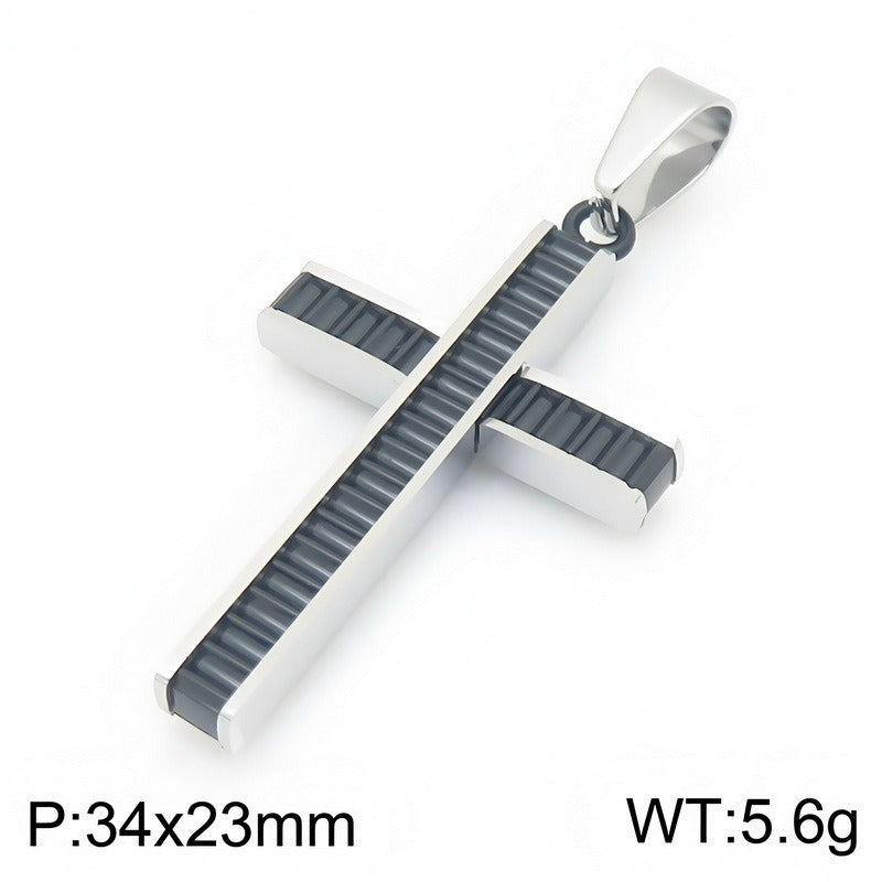 Kemstone Layered Cross Pendant Necklace for Men Stainless Steel Ribbed Design KP119486-HR