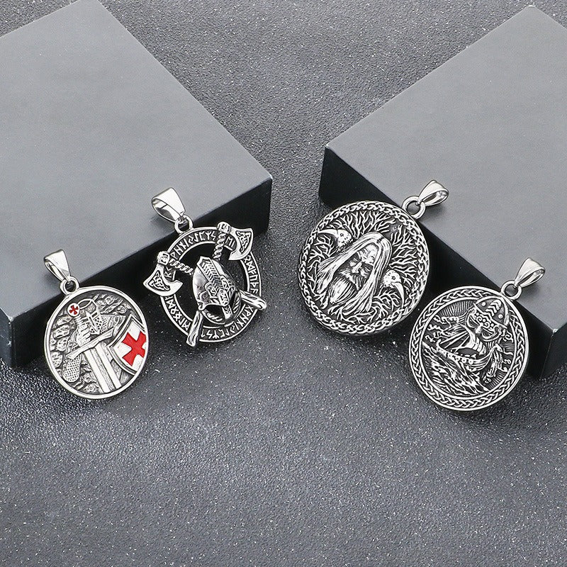 Kemstone Viking Warrior & Templar Cross Titanium Steel Pendant Necklace for Men – Norse Raven Axe Ship Emblem KP117019-LU