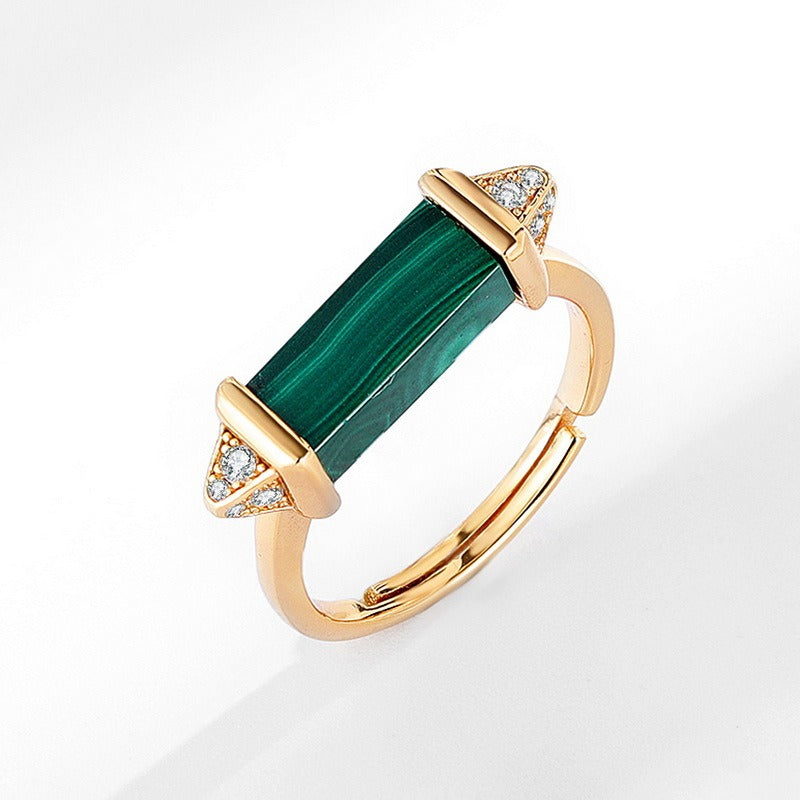 Anillo de malaquita y diamantes geométrico moderno, diseño original artesanal de Kemstone - Ajustable, plata S925, chapado en oro