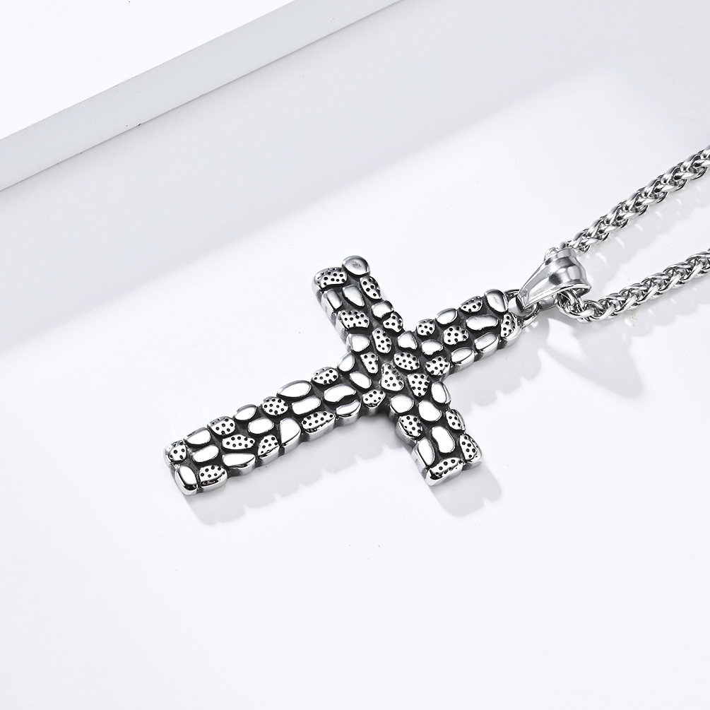 Kemstone Cross Pendant Necklace Titanium Steel Pebble Texture Chain for Men K-PT513